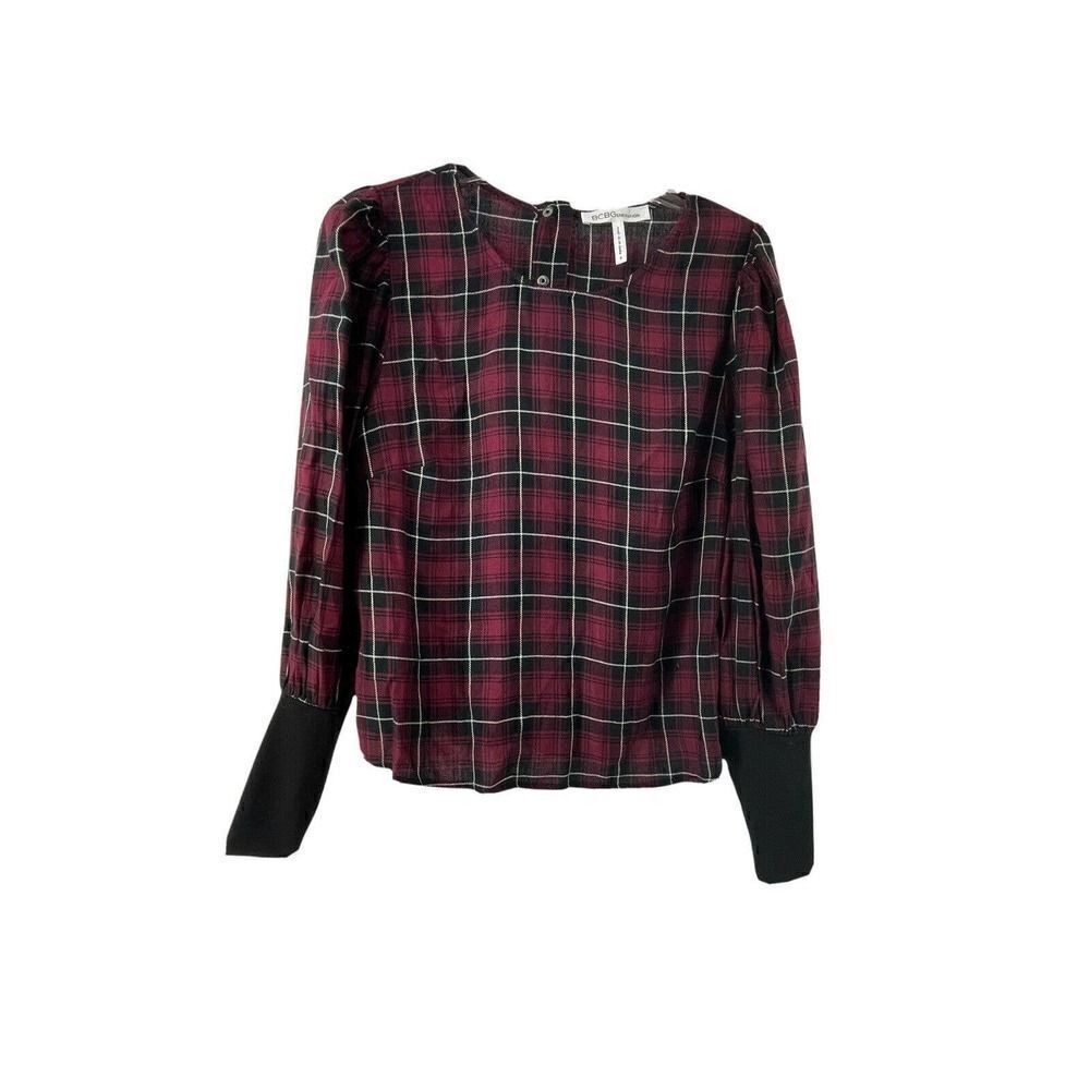 BCBGeneration Red Plaid Balloon Sleeve Blouse Womens Size Small Dark Academia